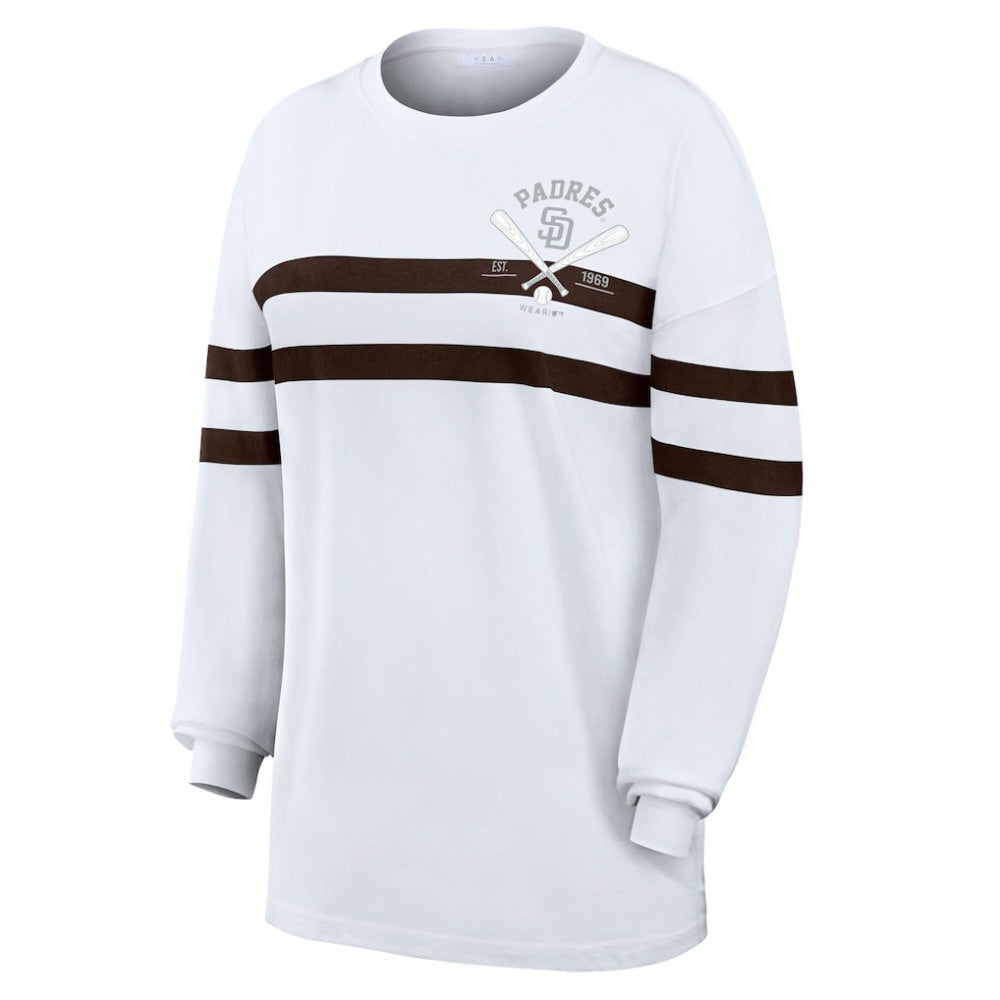 San Diego Padres WEAR by Erin Andrews Women's Oversized Long Sleeve Striped T-Shirt | MLB Outlet
