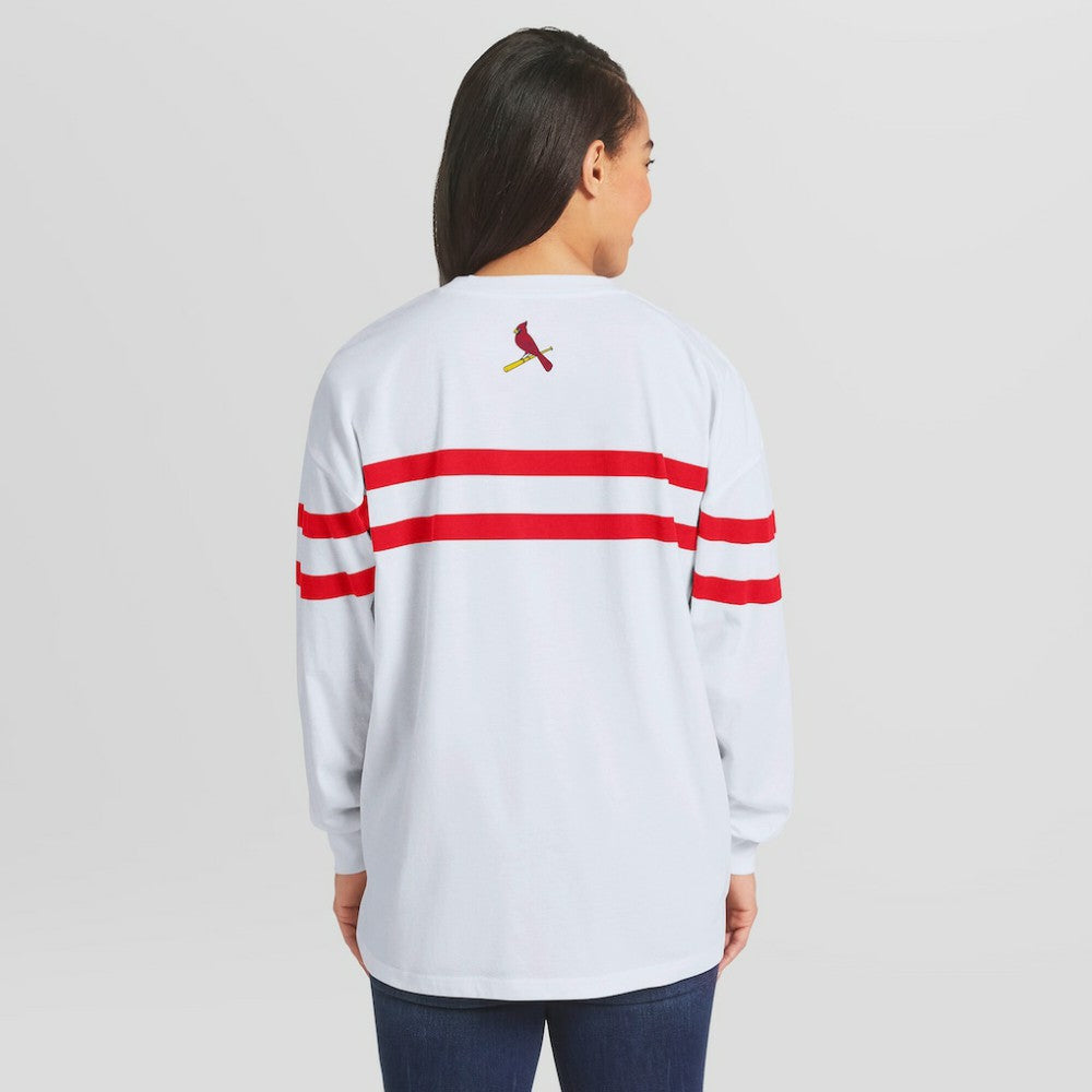 St. Louis Cardinals WEAR by Erin Andrews Women's Oversized Long Sleeve Striped T-Shirt | MLB Outlet
