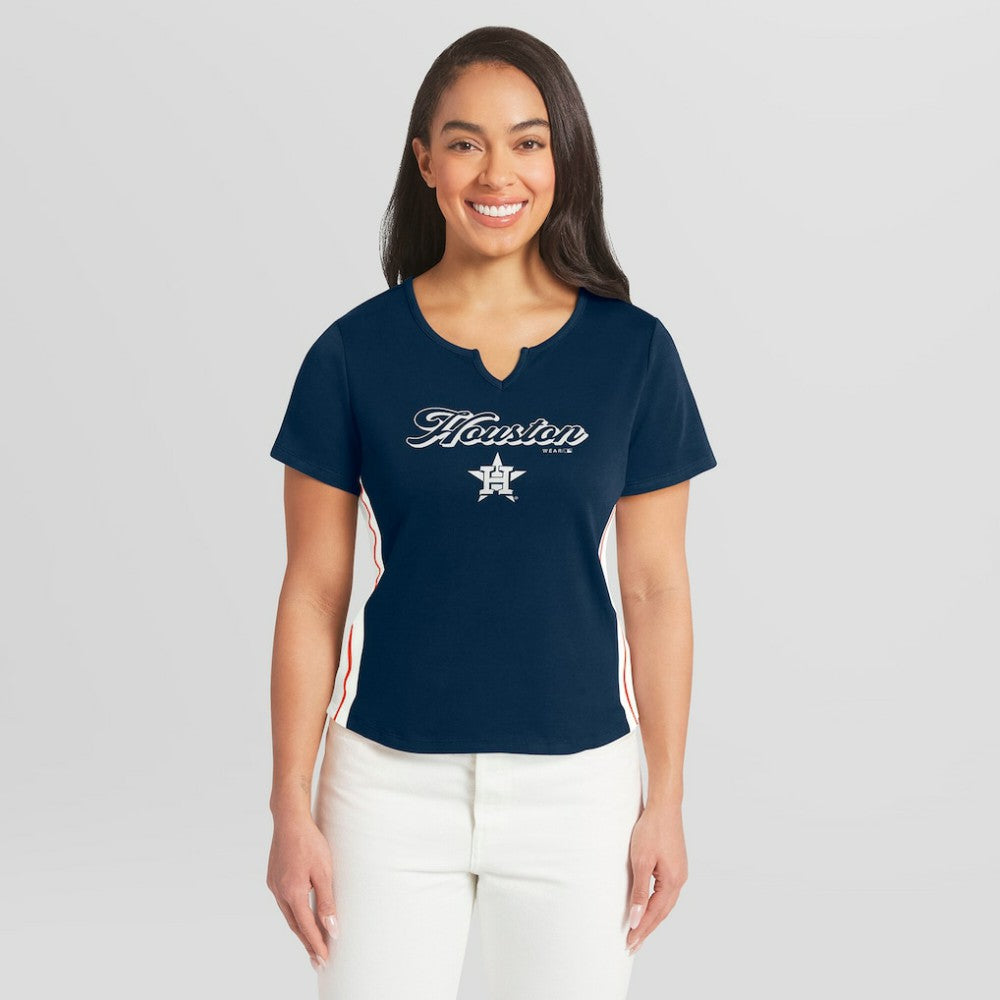 Houston Astros WEAR by Erin Andrews Women's Notch Neck Cropped T-Shirt | MLB Discount