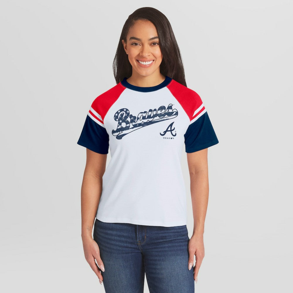 Atlanta Braves WEAR by Erin Andrews Women's Striped Raglan T-Shirt | MLB Discount