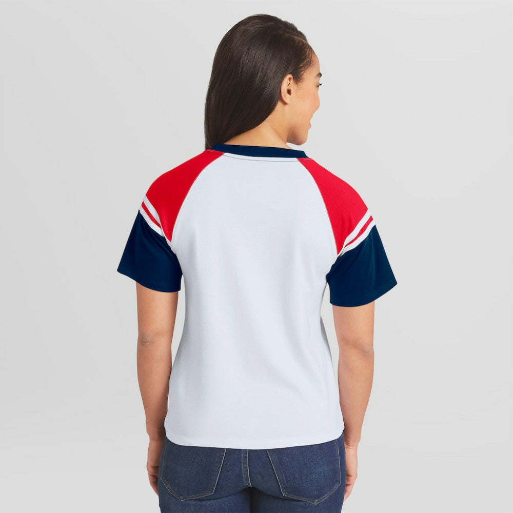 Atlanta Braves WEAR by Erin Andrews Women's Striped Raglan T-Shirt | MLB Discount