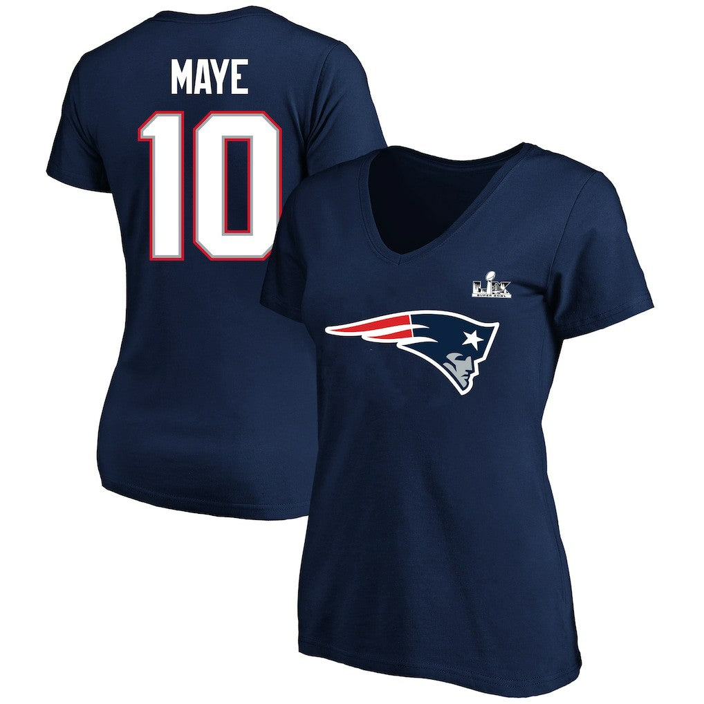 New England Patriots Fanatics Drake Maye  Women's Super Bowl LX Patch Plus Size Name & Number V-Neck T-Shirt