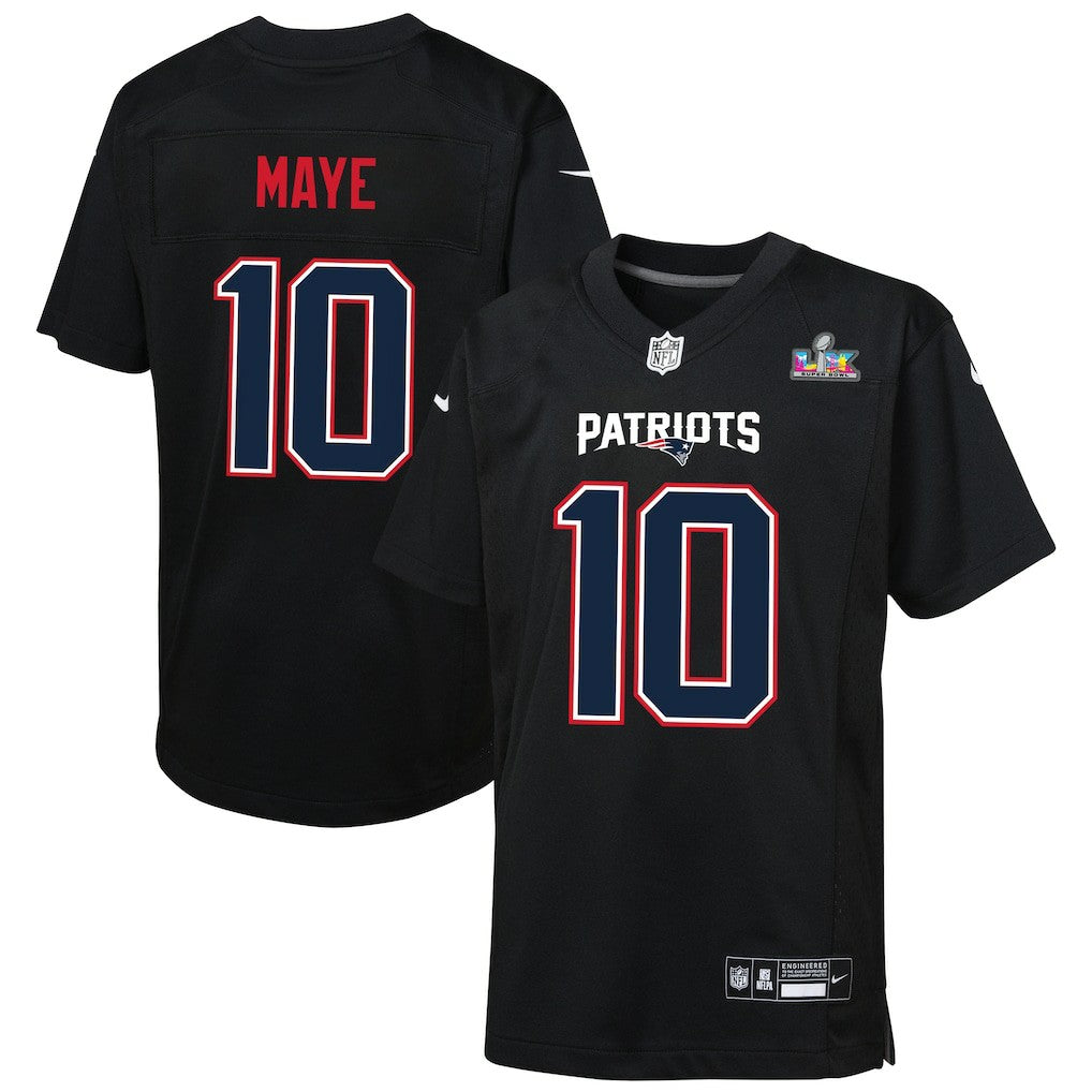 New England Patriots Nike Drake Maye  Youth Super Bowl LX Patch Carbon Fashion Game Jersey