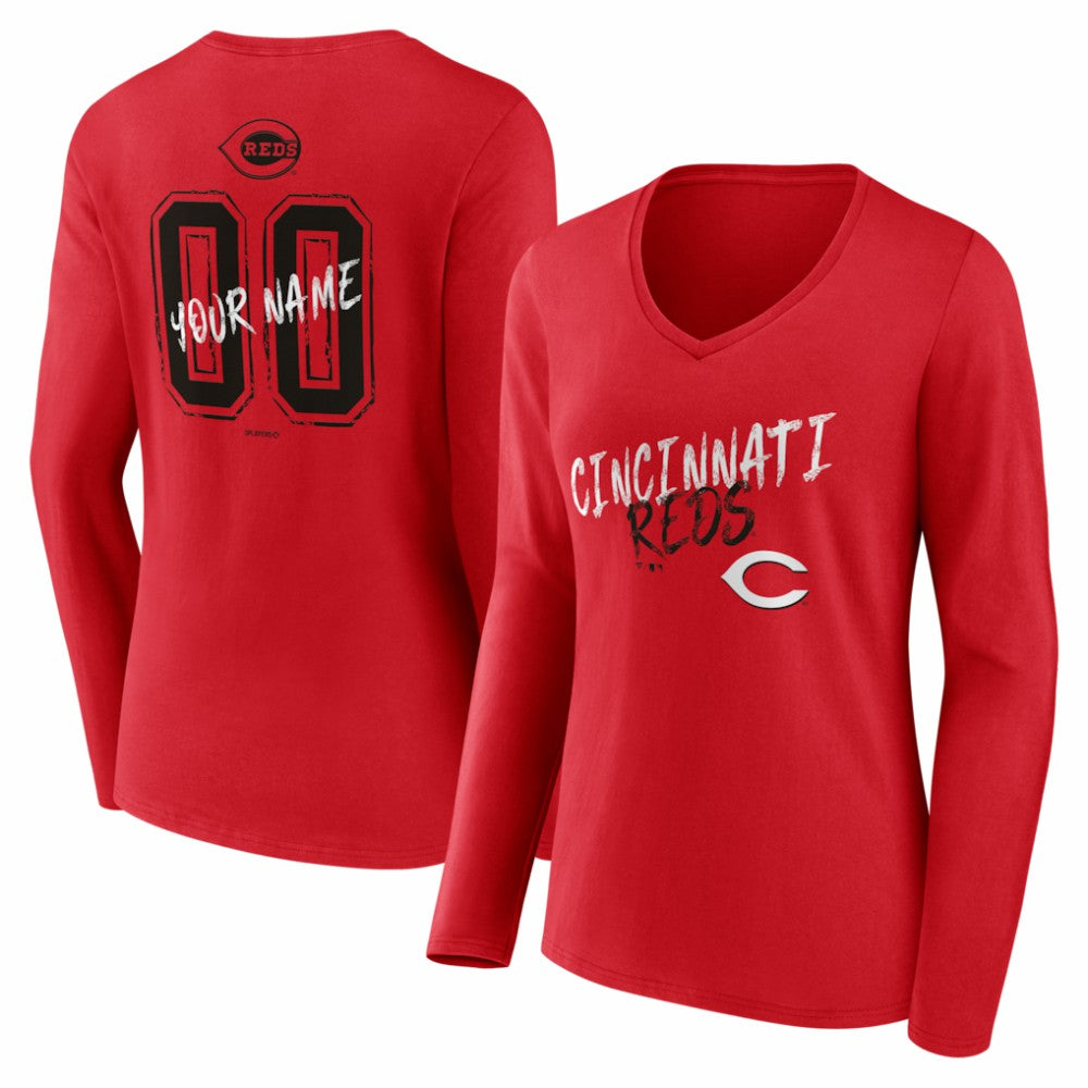 Cincinnati Reds Women's Hustle Personalized Name & Number Long Sleeve V-Neck T-Shirt | MLB On Sale