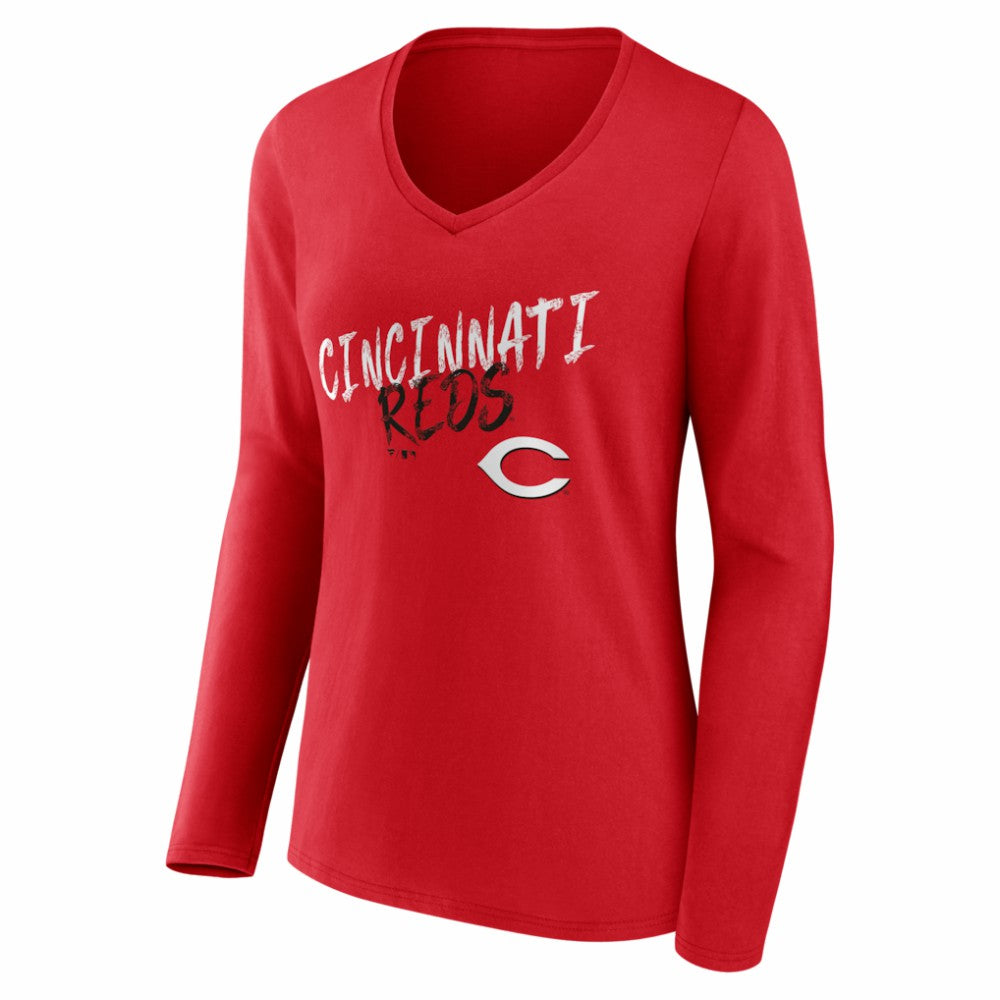 Cincinnati Reds Women's Hustle Personalized Name & Number Long Sleeve V-Neck T-Shirt | MLB On Sale