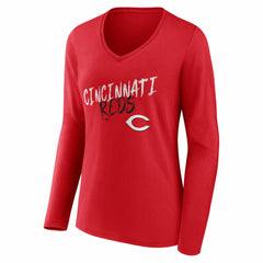 Cincinnati Reds Women's Hustle Personalized Name & Number Long Sleeve V-Neck T-Shirt | MLB On Sale