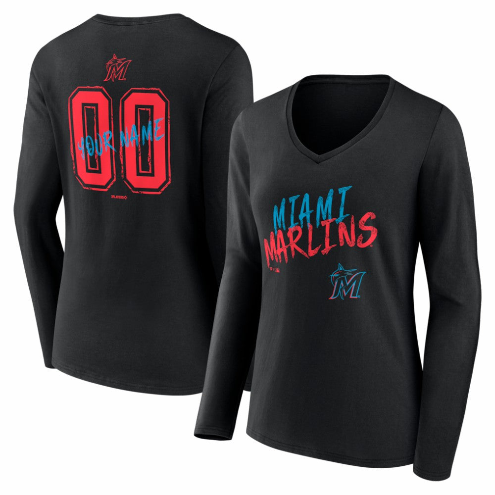 Miami Marlins Women's Hustle Personalized Name & Number Long Sleeve V-Neck T-Shirt | MLB On Sale