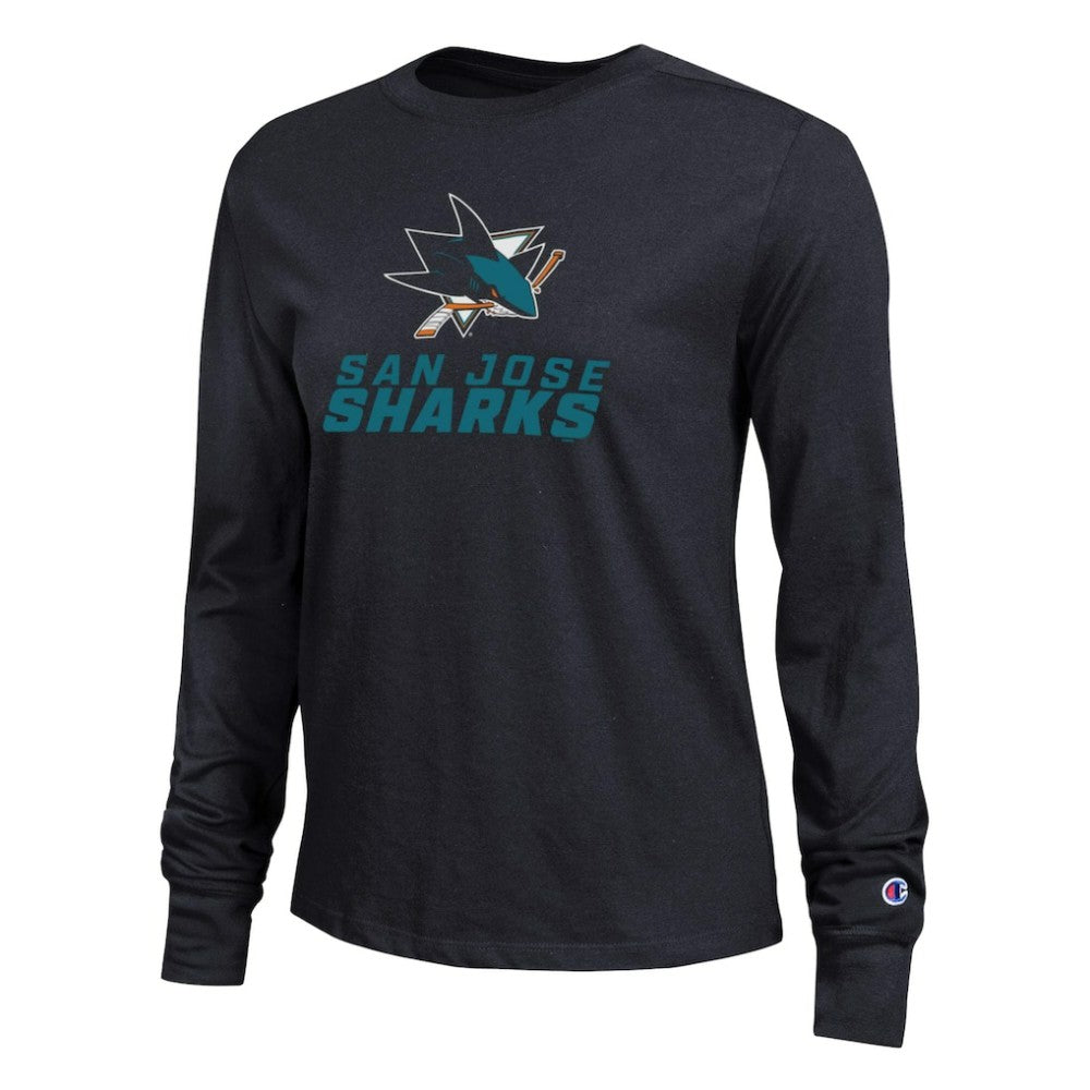 San Jose Sharks Champion Women's Wordmark Lockup Long Sleeve T-Shirt For Sale