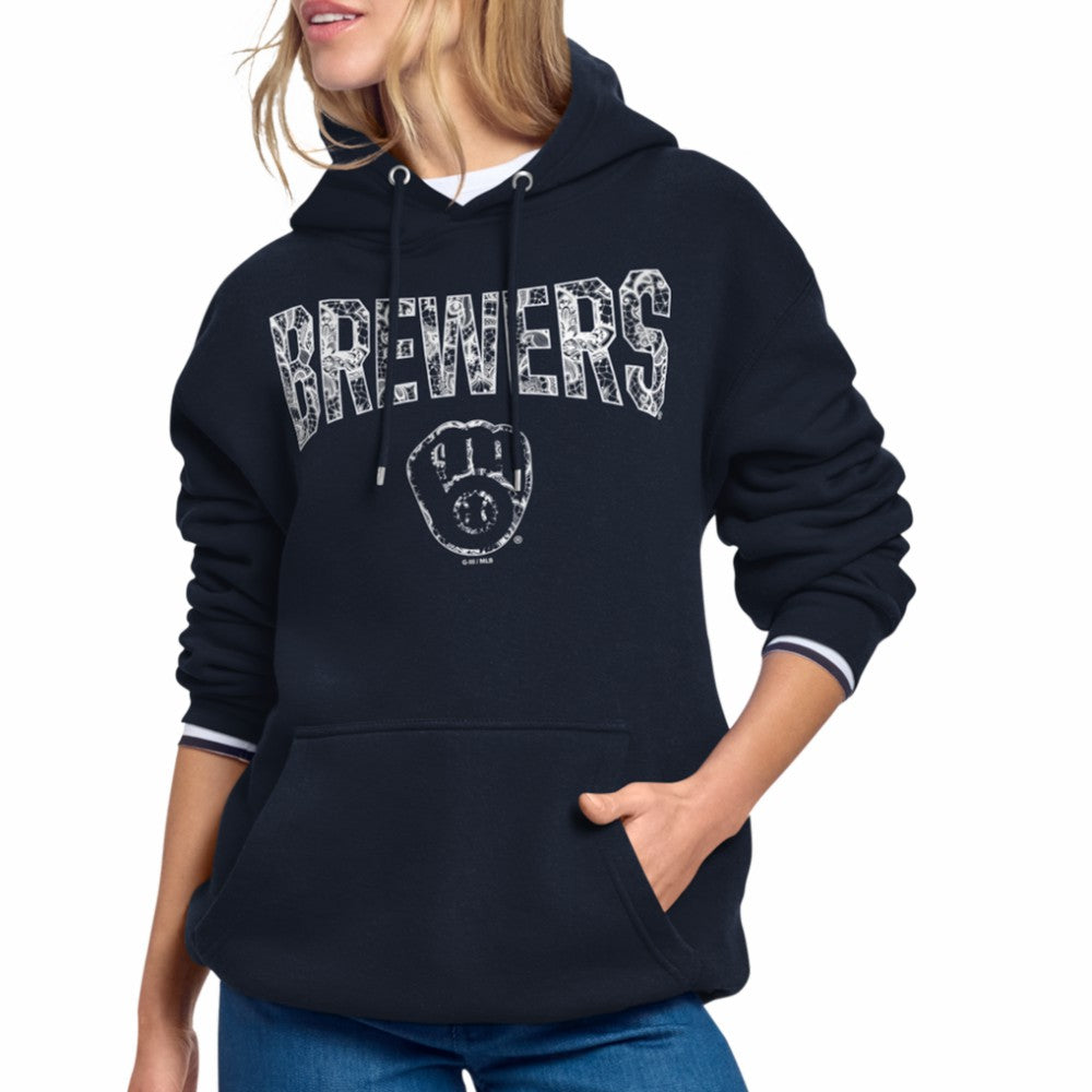 Milwaukee Brewers Starter Women's Lace Team Lockup Fleece Hoodie | MLB New