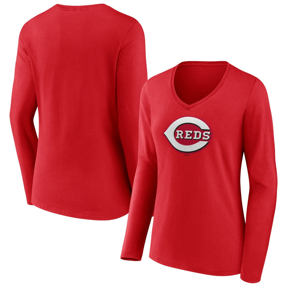 Cincinnati Reds Women's Team Color Primary Logo V-Neck Long Sleeve T-Shirt | MLB Online