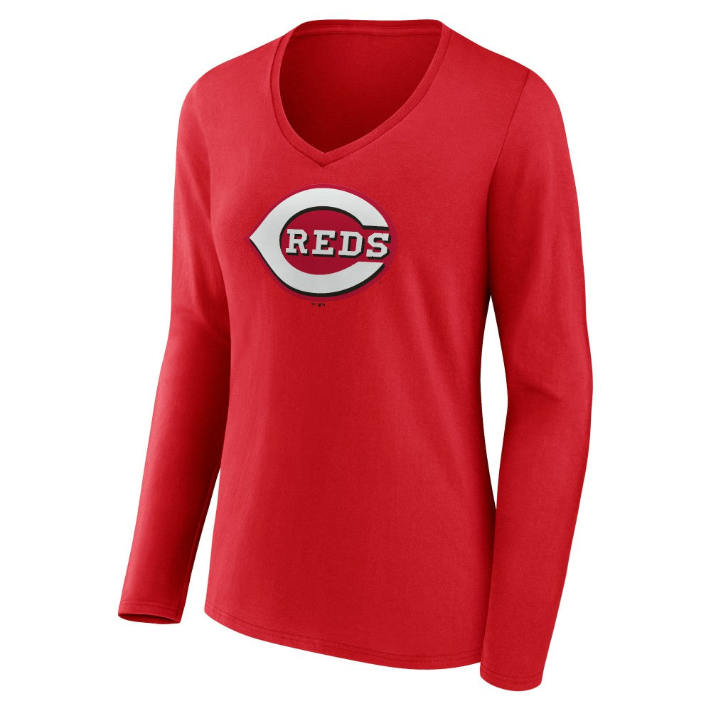 Cincinnati Reds Women's Team Color Primary Logo V-Neck Long Sleeve T-Shirt | MLB Online