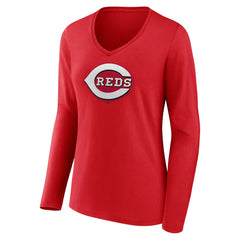 Cincinnati Reds Women's Team Color Primary Logo V-Neck Long Sleeve T-Shirt | MLB Online