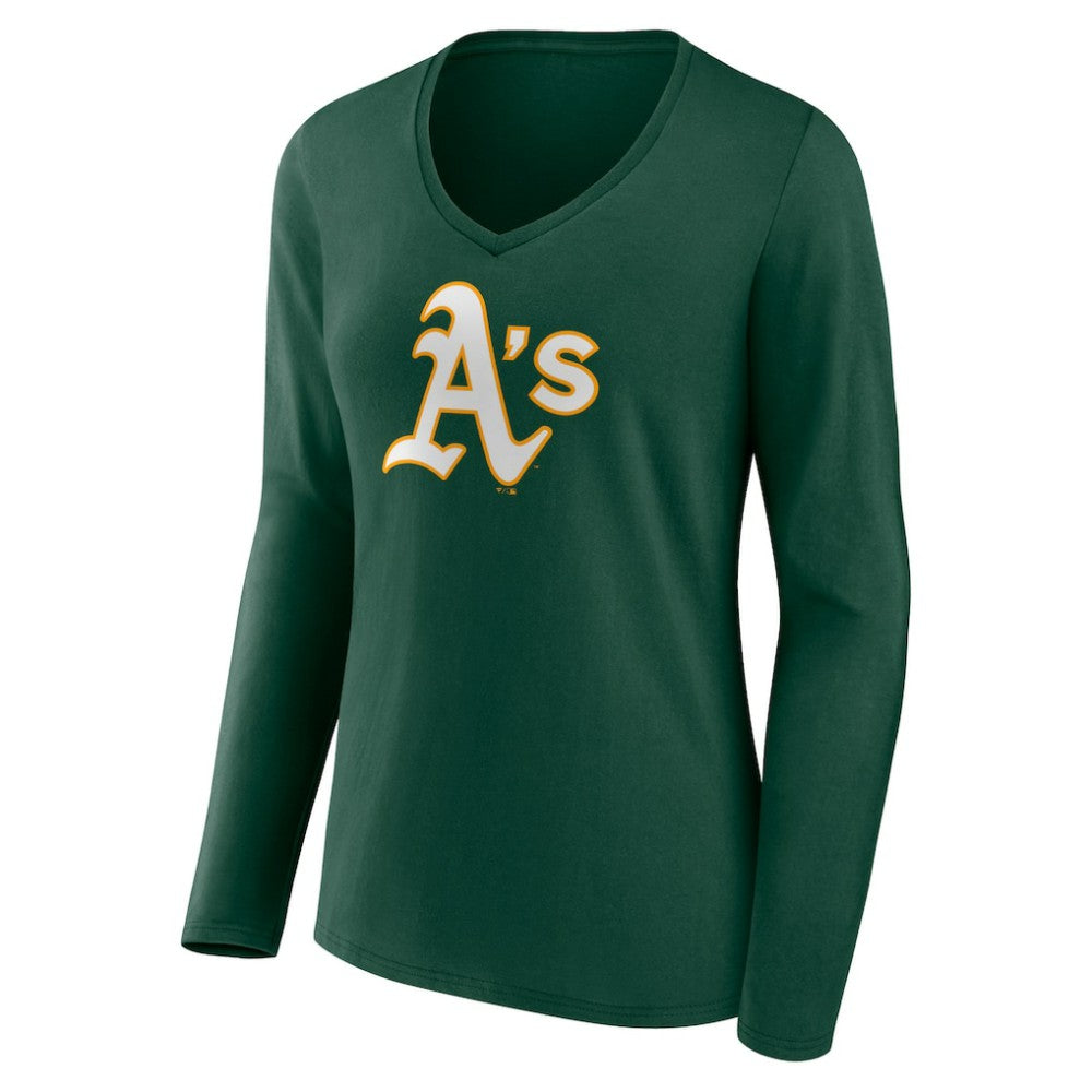 Athletics Women's Team Color Primary Logo V-Neck Long Sleeve T-Shirt | MLB US