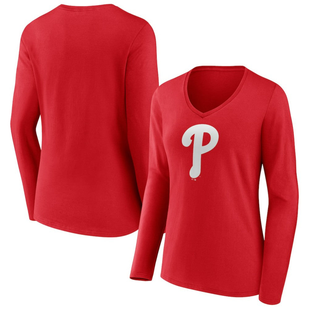 Philadelphia Phillies Women's Team Color Primary Logo V-Neck Long Sleeve T-Shirt | MLB Discount