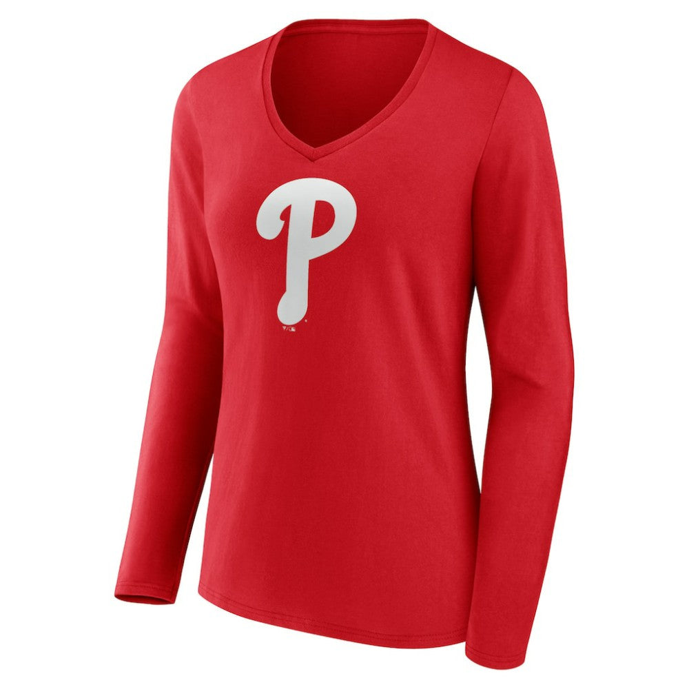 Philadelphia Phillies Women's Team Color Primary Logo V-Neck Long Sleeve T-Shirt | MLB Discount