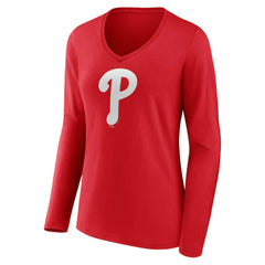 Philadelphia Phillies Women's Team Color Primary Logo V-Neck Long Sleeve T-Shirt | MLB Discount