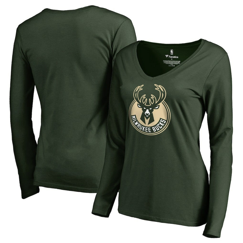 Milwaukee Bucks Women's Primary Logo V-Neck Long Sleeve T-Shirt For Sale