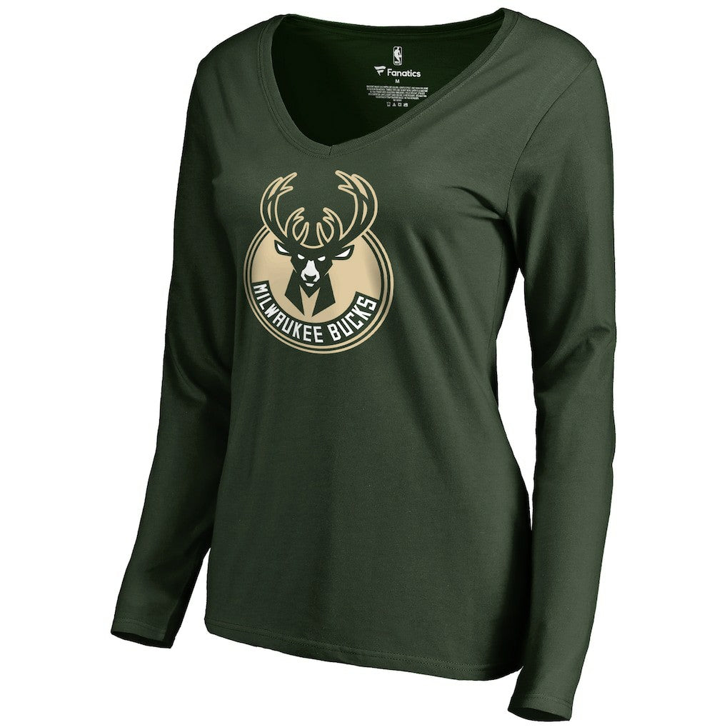 Milwaukee Bucks Women's Primary Logo V-Neck Long Sleeve T-Shirt For Sale