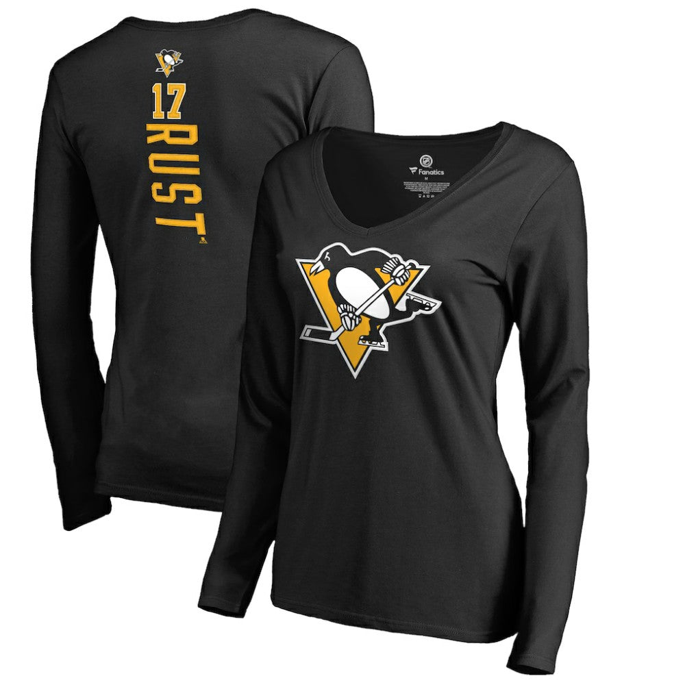 Bryan Rust Pittsburgh Penguins Women's Backer Name & Number Long Sleeve V-Neck T-Shirt On Sale