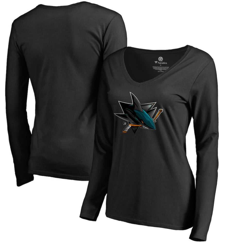 San Jose Sharks Women's Midnight Mascot Long Sleeve V-Neck T-Shirt Sale