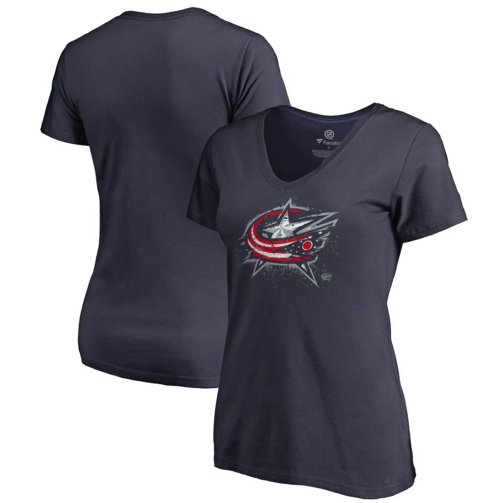 Columbus Blue Jackets Women's Splatter Logo V-Neck T-Shirt Sale