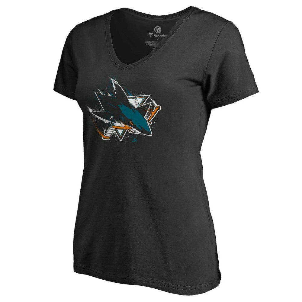San Jose Sharks Women's Splatter Logo V-Neck T-Shirt Outlet