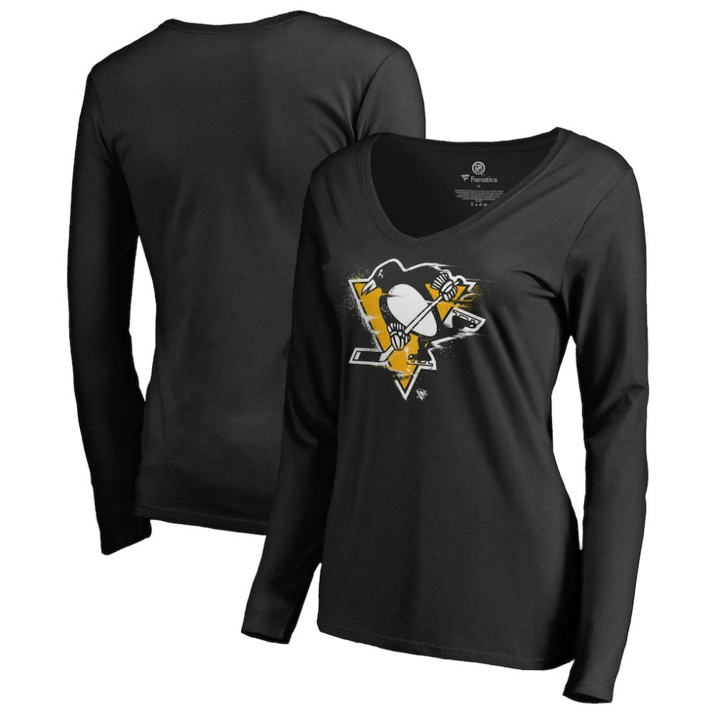 Pittsburgh Penguins Women's Splatter Logo V-Neck Long Sleeve T-Shirt Discount