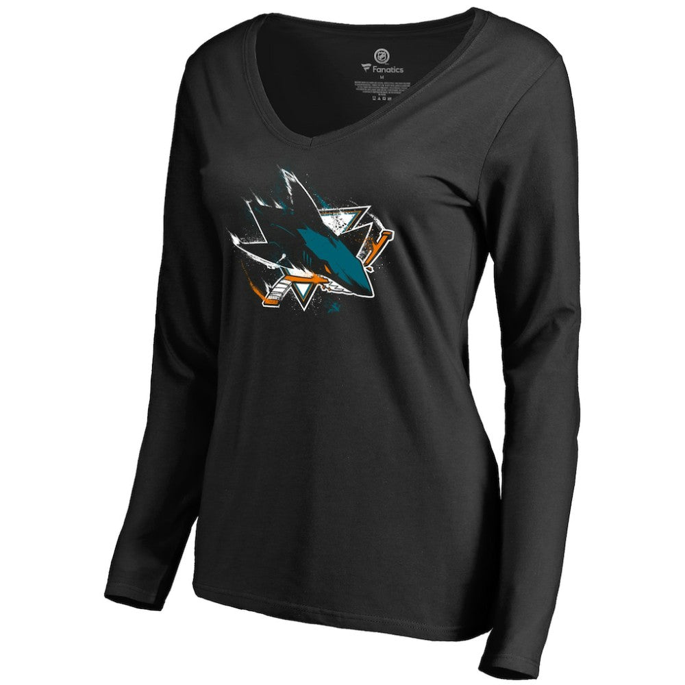 San Jose Sharks Women's Splatter Logo V-Neck Long Sleeve T-Shirt For Sale