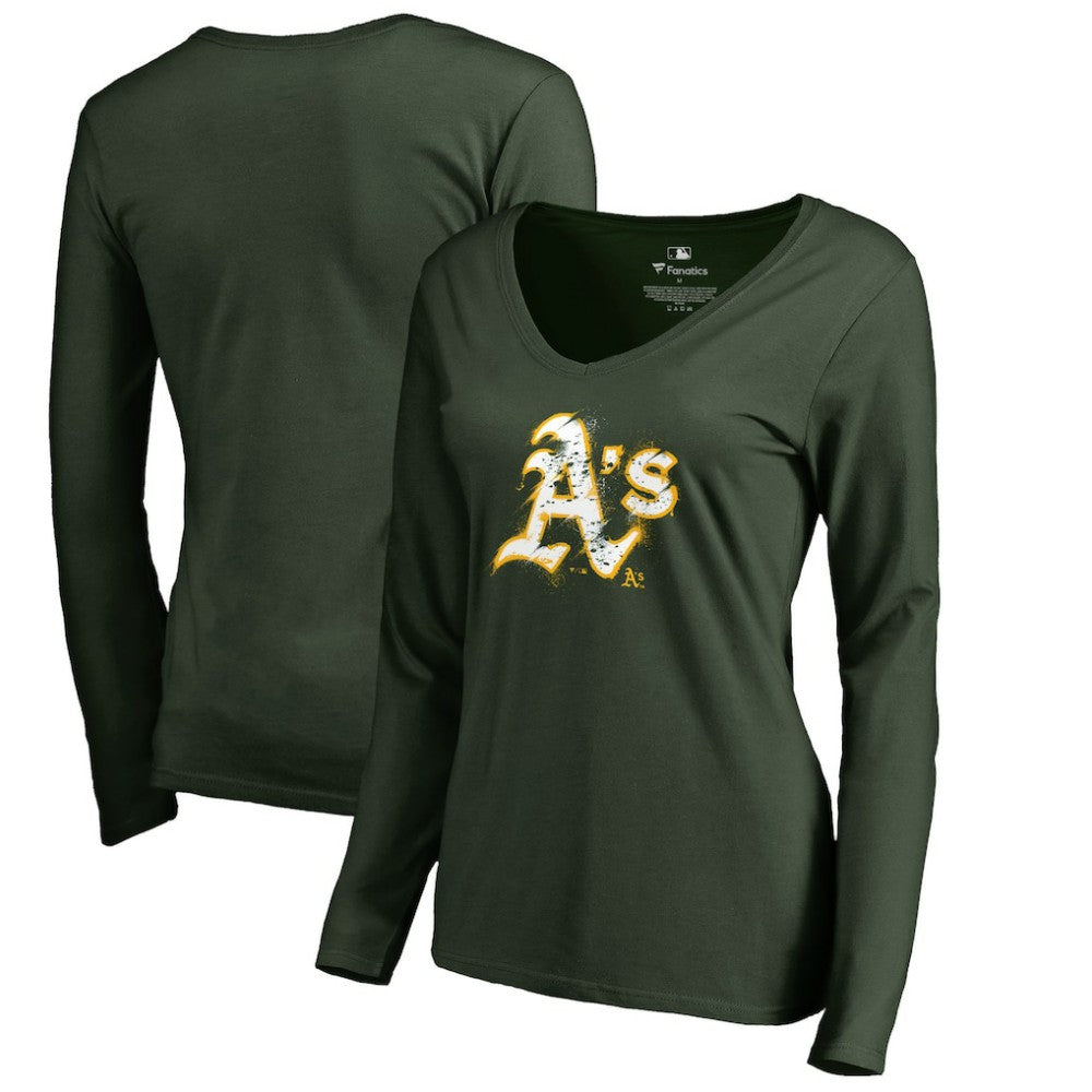 Athletics Women's Splatter Logo Long Sleeve V-Neck T-Shirt | MLB Outlet