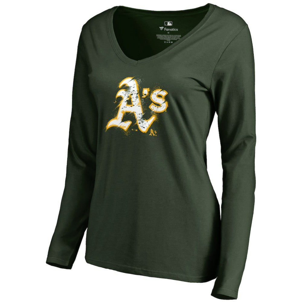 Athletics Women's Splatter Logo Long Sleeve V-Neck T-Shirt | MLB Outlet