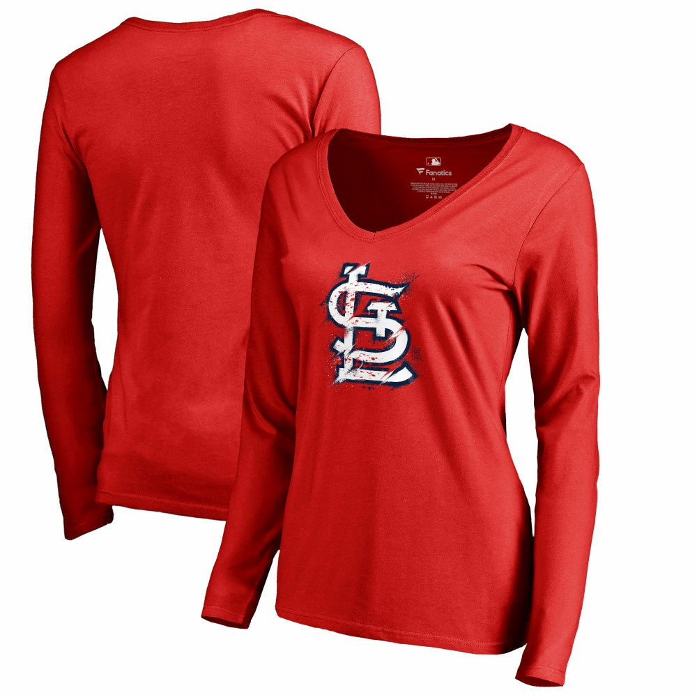 St. Louis Cardinals Women's Splatter Logo Long Sleeve V-Neck T-Shirt | MLB US