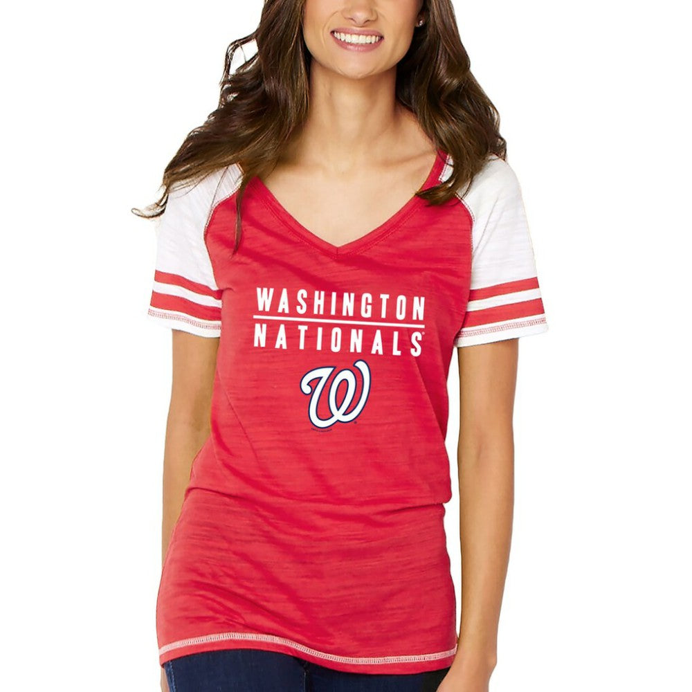 Washington Nationals Soft as a Grape Women's Color Block V-Neck T-Shirt | MLB Shop