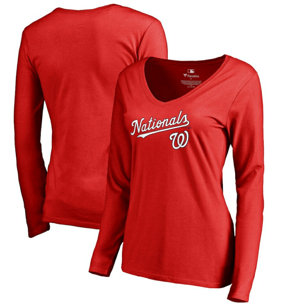 Washington Nationals Women's Team Lockup Slim Fit Long Sleeve V-Neck T-Shirt | MLB New