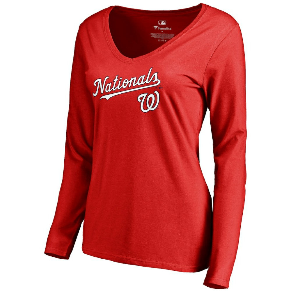 Washington Nationals Women's Team Lockup Slim Fit Long Sleeve V-Neck T-Shirt | MLB New