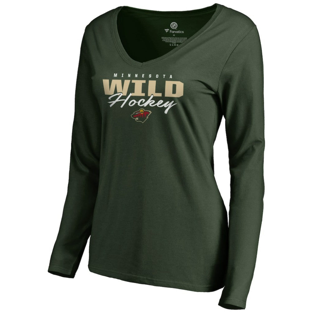 Minnesota Wild Women's Iconic Collection Script Assist Long Sleeve V-Neck T-Shirt Sale