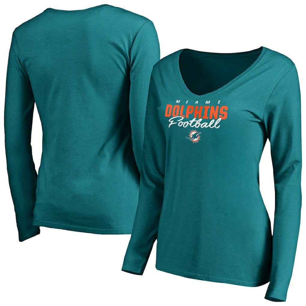 Miami Dolphins  Women's Iconic Collection Script Assist Long Sleeve V-Neck T-Shirt
