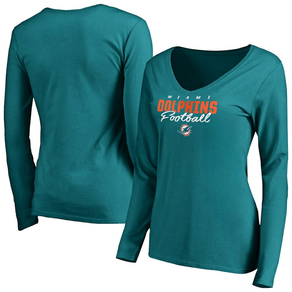 Miami Dolphins  Women's Iconic Collection Script Assist Long Sleeve V-Neck T-Shirt