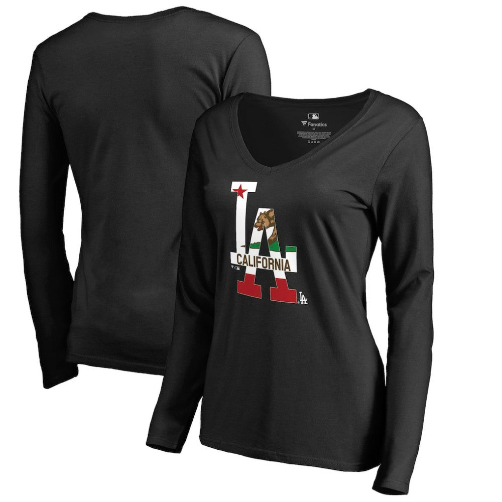 Los Angeles Dodgers Women's Hometown Collection Cali Flag Long Sleeve V-Neck T-Shirt | MLB Outlet