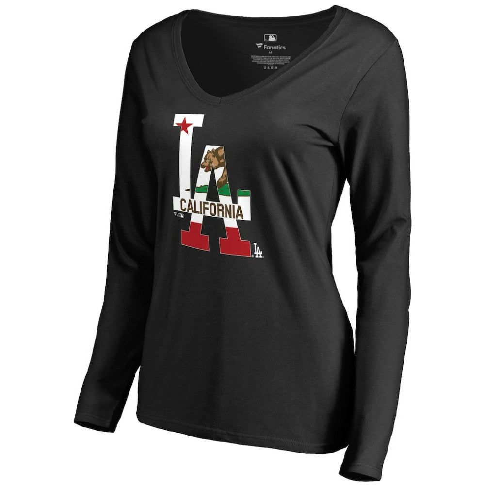 Los Angeles Dodgers Women's Hometown Collection Cali Flag Long Sleeve V-Neck T-Shirt | MLB Outlet