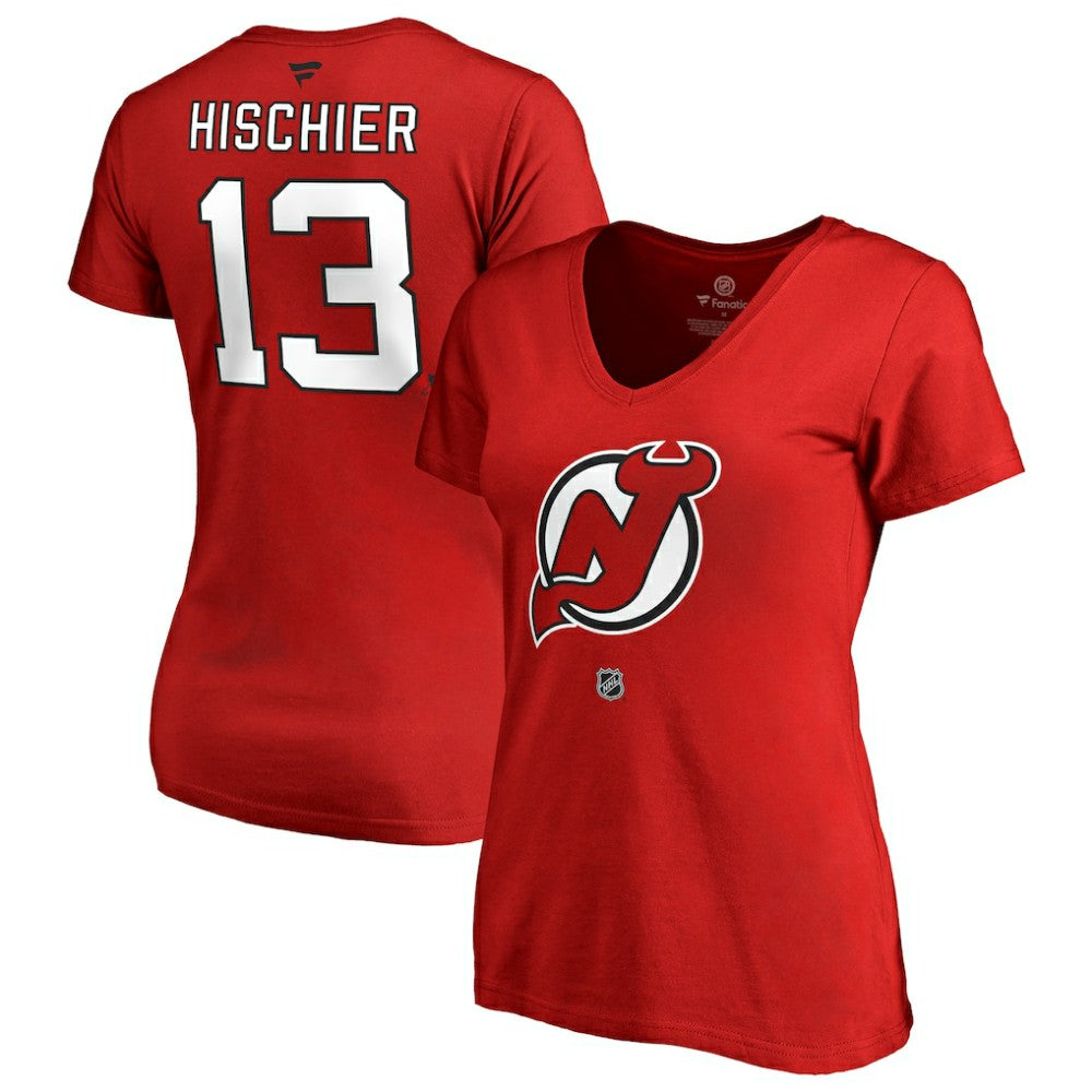 Nico Hischier New Jersey Devils Women's Authentic Stack Name & Number V-Neck T-Shirt Discount