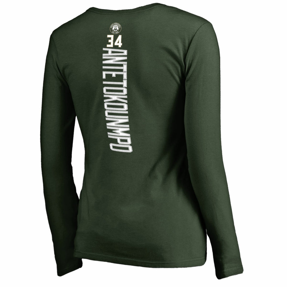 Giannis Antetokounmpo Milwaukee Bucks Women's Team Backer Name & Number Long Sleeve V-Neck T-Shirt Online