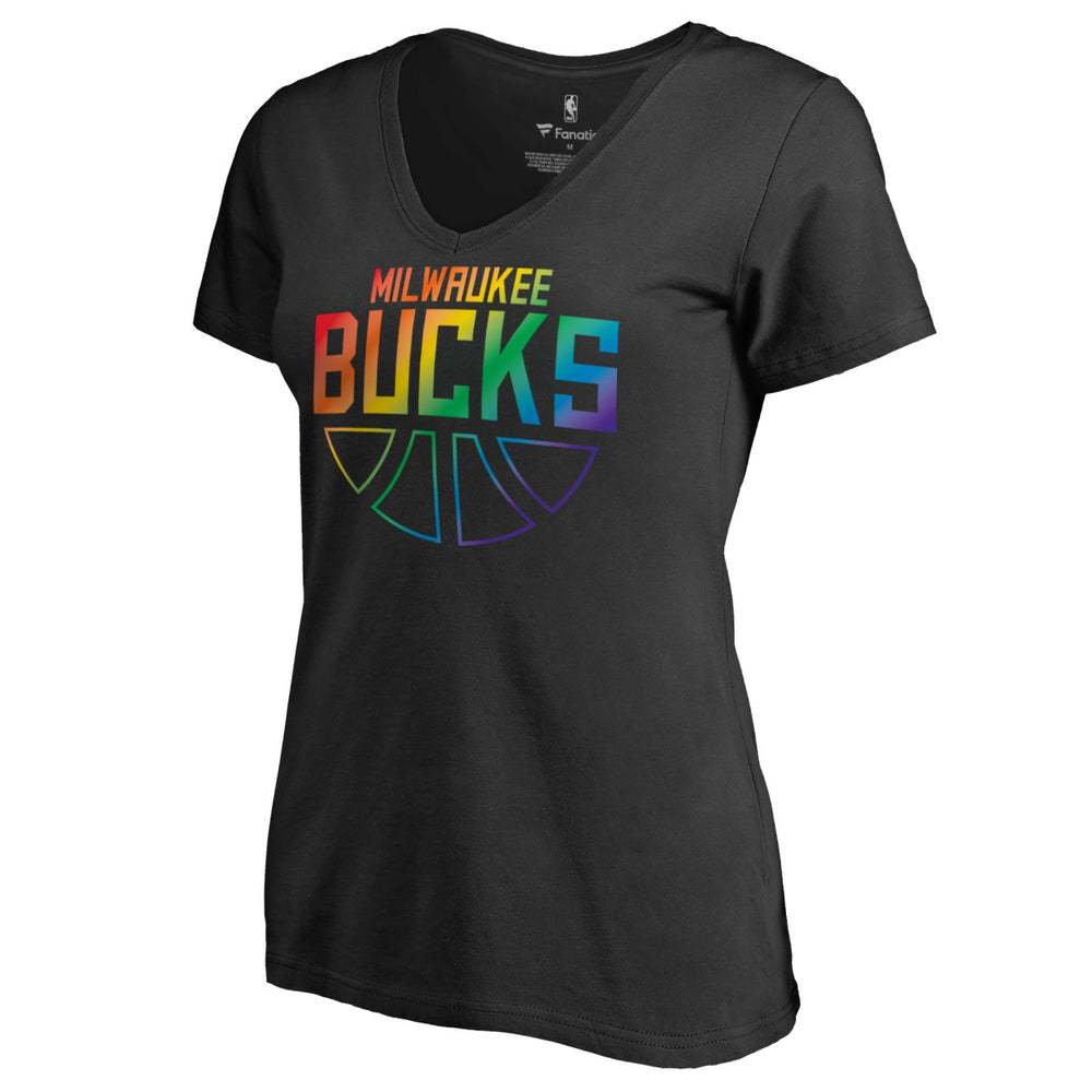Milwaukee Bucks Women's Team Pride Wordmark V-Neck T-Shirt New