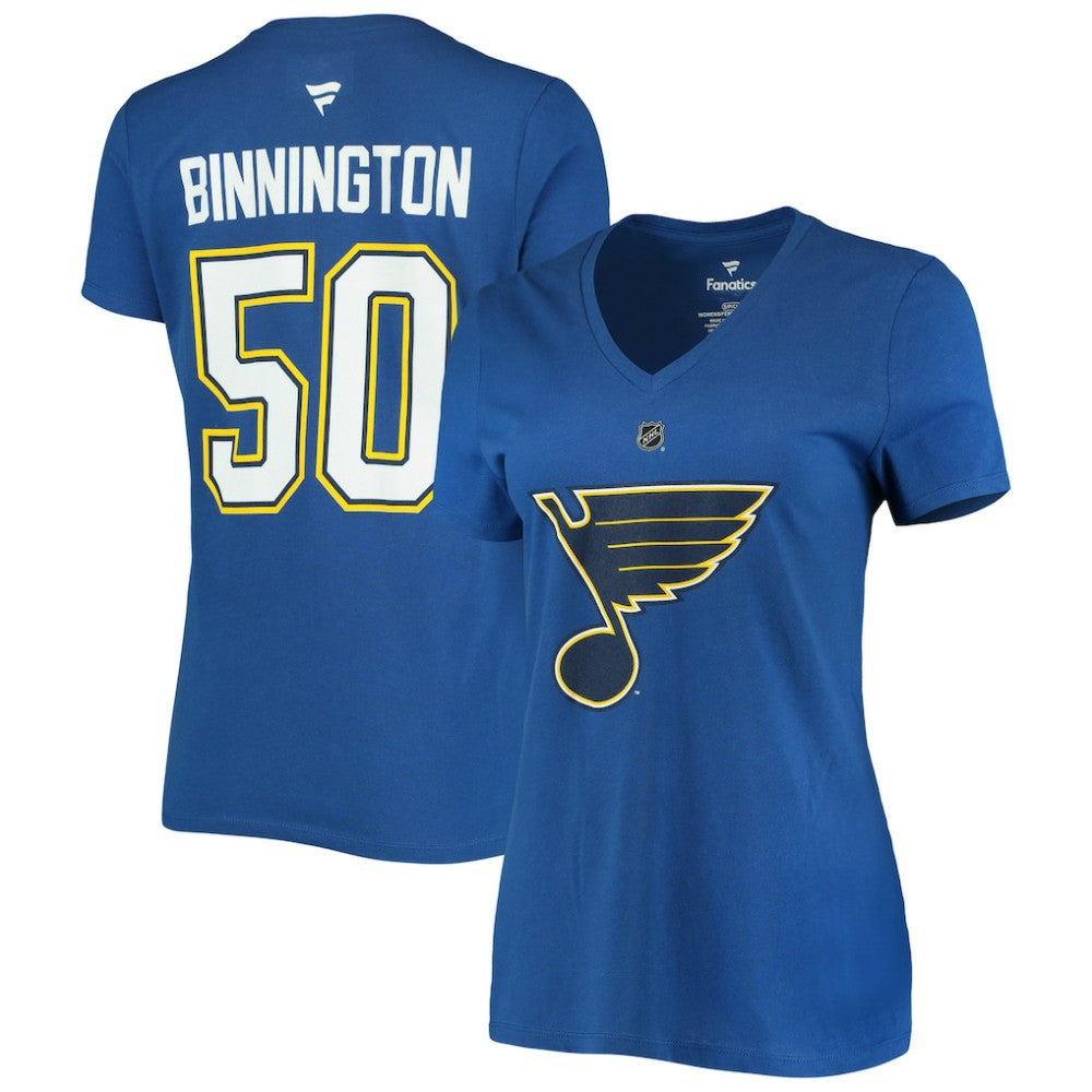 Jordan Binnington St. Louis Blues Fanatics Women's Authentic Stack Name & Number V-Neck T-Shirt Sale