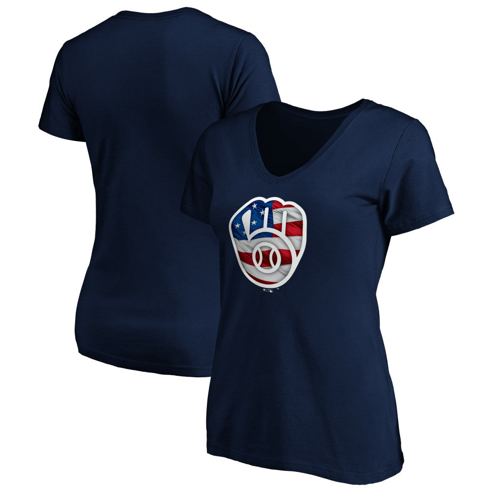 Milwaukee Brewers Logo Women's Banner Wave V-Neck T-Shirt | MLB US