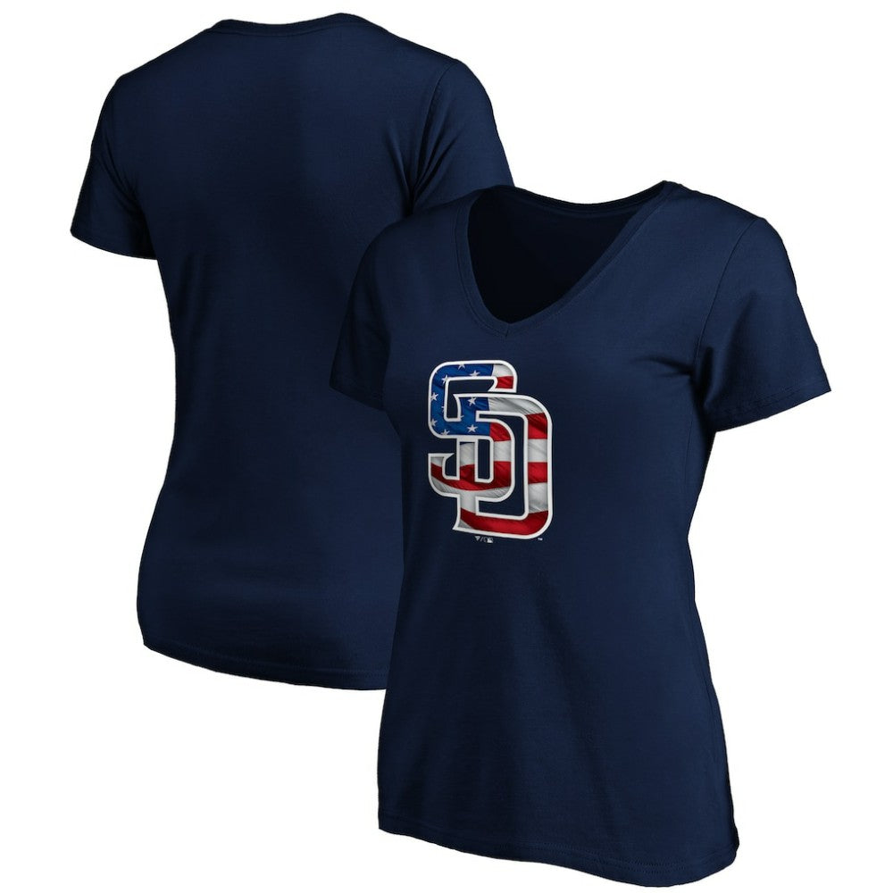 San Diego Padres Logo Women's Banner Wave V-Neck T-Shirt | MLB New