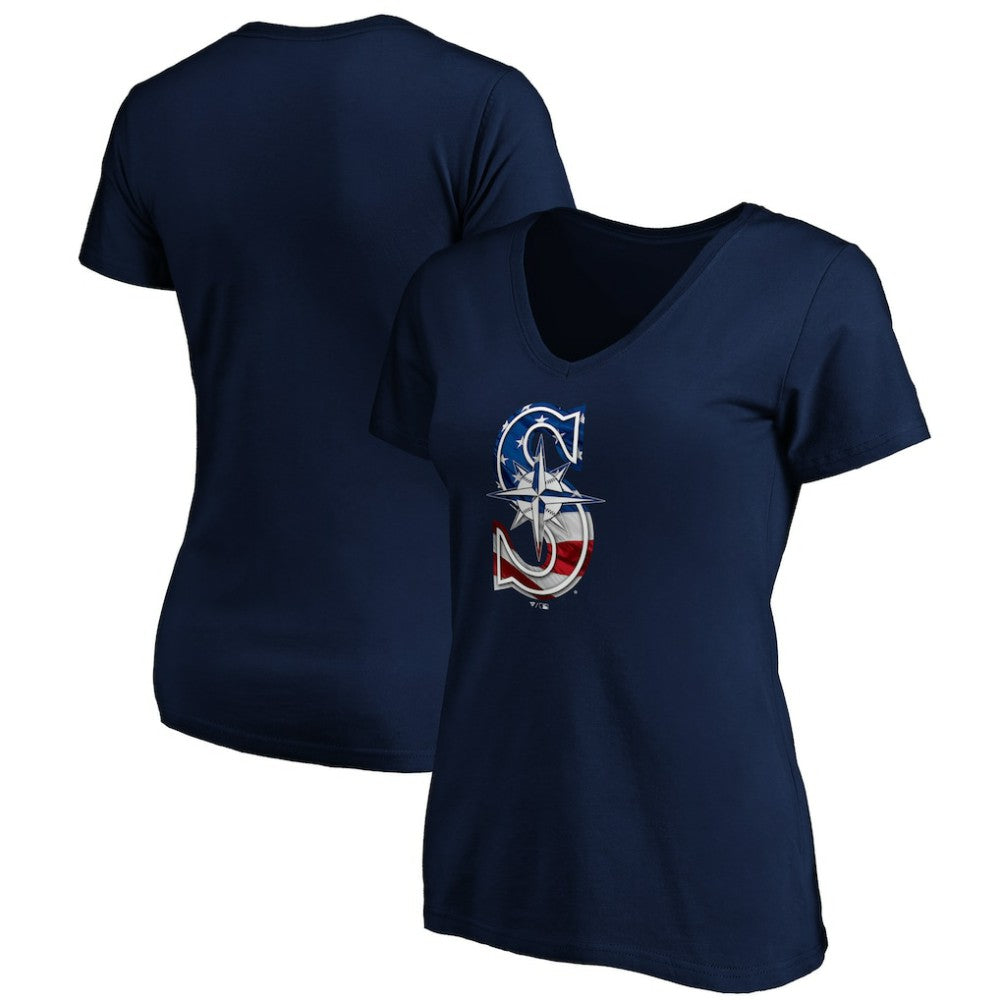 Seattle Mariners Logo Women's Banner Wave V-Neck T-Shirt | MLB For sale