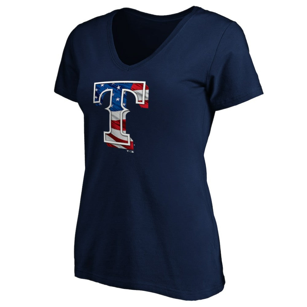 Texas Rangers Logo Women's Banner Wave V-Neck T-Shirt | MLB New