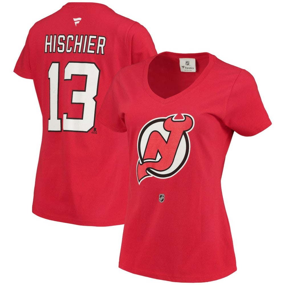 Nico Hischier New Jersey Devils Fanatics Women's Name & Number Logo V-Neck T-Shirt Online