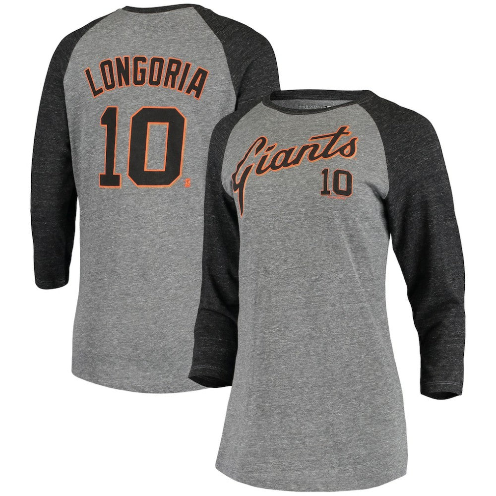 Evan Longoria San Francisco Giants 5th & Ocean by New Era Women's Script Name & Number Raglan Tri-Blend 3/4-Sleeve T-Shirt | MLB On Sale