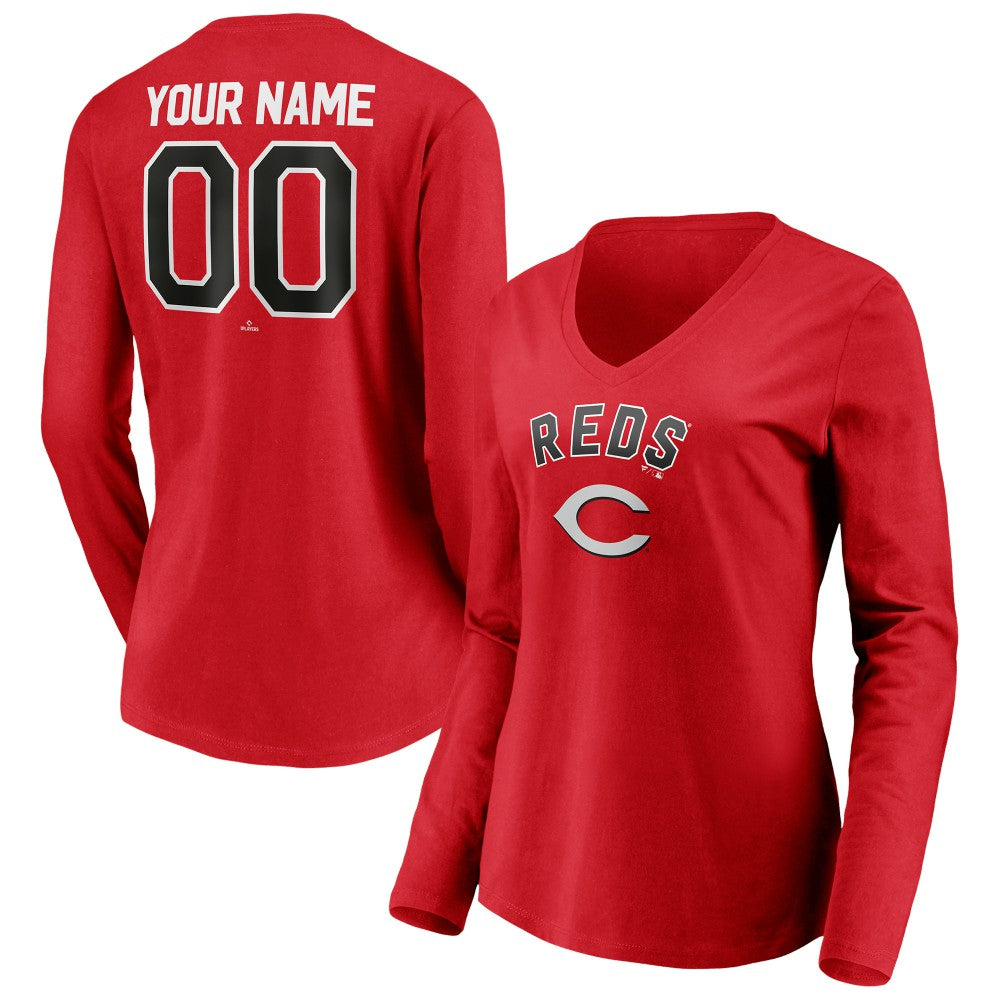 Cincinnati Reds Women's Personalized Winning Streak Name & Number Long Sleeve V-Neck T-Shirt | MLB Outlet